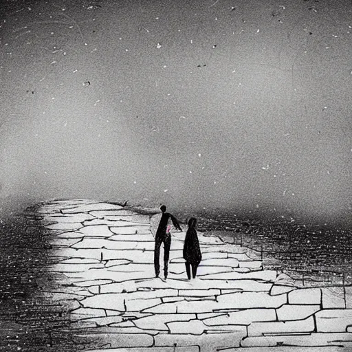 Image similar to A romantic walk through a desolate wasteland, drawing