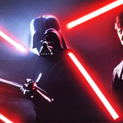 Image similar to stunning awe inspiring sylvester stallone with a red bandana fighting darth vader, movie still 8 k hdr atmospheric lighting