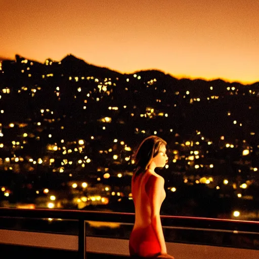 Image similar to a woman in a cinematic shot of los angelas at midnight, canon eos c 3 0 0, ƒ 1. 8, 3 5 mm, 8 k, medium - format print, inspired by roger deakins cinematography