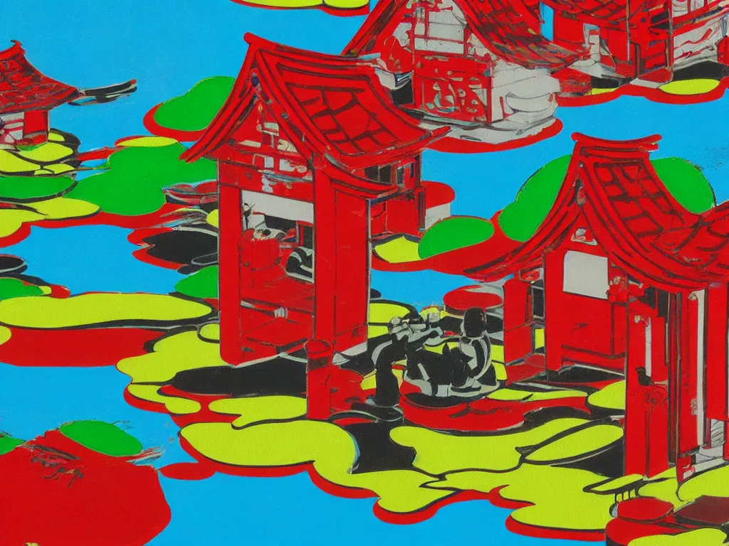 Image similar to close - up image of a japanese red house with a pond, with stormtroopers sitting around it, pop - art style, the style of andy warhol, roy lichtenstein and jackie tsai, bright and saturated palette, acrylic on canvas