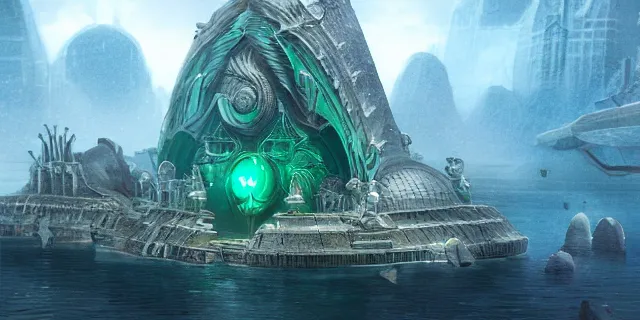 Image similar to emerald tablet, epic large underwater city, highly detailed, photorealistic, octane render, beautiful, glorious, matte painting