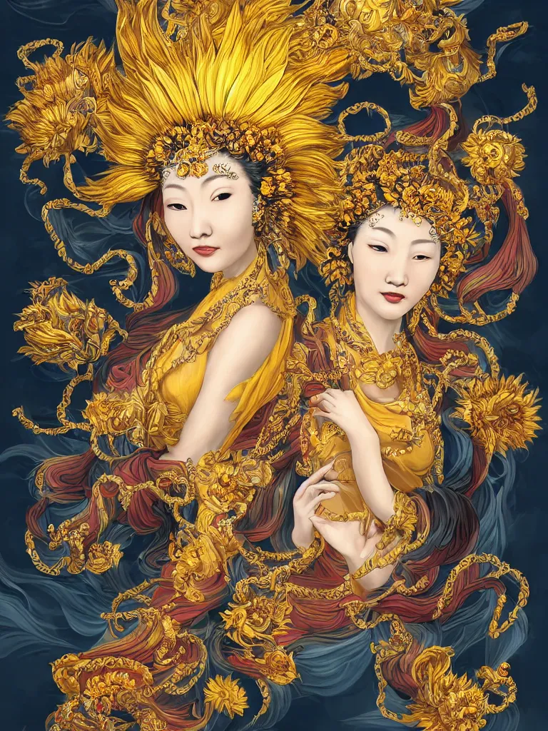 Prompt: Graceful portrait of the Sunflower Goddess, a Chinese female deity with 8 arms who brings joy and light onto the world with her smile and by channeling energy from the sun. Insanely nice professional hair style, dramatic hair colour, digital painting of a old 17th century, amber jewels and golden gemstones, baroque, ornate clothing, sci-fi, dark blue smoke background, flames, very realistic, chiaroscuro, art by Franz Hals and Jon Foster and Ayami Kojima and Amano and Karol Bal.