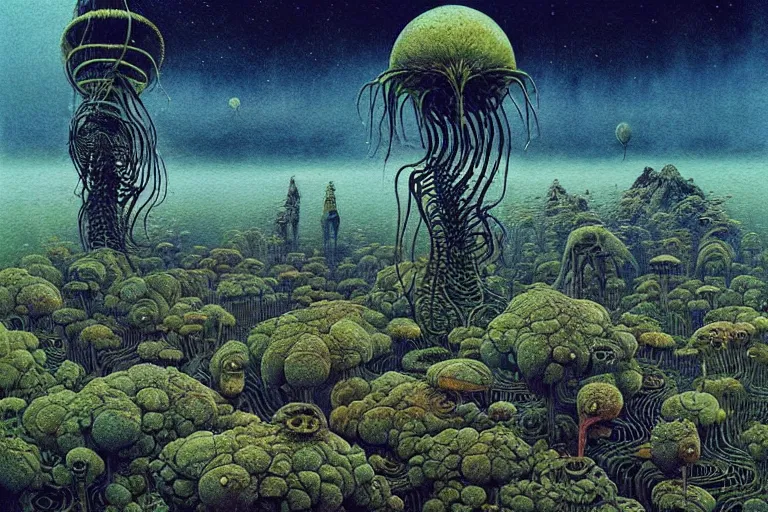 Prompt: a surreal and awe - inspiring science fiction landscape, alien plants and animals, intricate, elegant, uplifting, happy, inspirational, highly detailed watercolor painting by beksinski and simon stalenhag