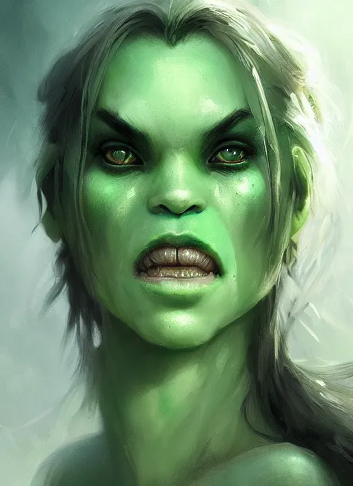 Prompt: green orc female, light green tone beautiful face by wenjun lin