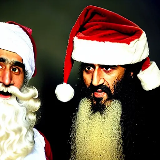 Prompt: uhd candid photo of bin laden and santa claus on skid row, making a dirty bomb. correct faces, intricate details, hyperdetailed, accurate faces. photo by annie leibowitz