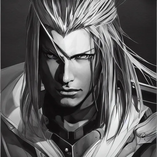 Image similar to cinematic portrait of sephiroth, artwork by yoji shinkawa, illustration, black and white, concept art, strong lines,, intricate details, trending on artstation