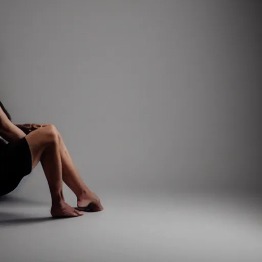 Image similar to a woman sitting on the ground with her legs crossed, a portrait by thomas millie dow, instagram, arabesque, white background, black background, studio portrait