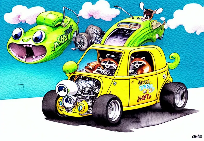 Prompt: cute and funny, racoon riding in a tiny hot rod coupe with ( very ) oversized engine, ratfink style by ed roth, centered award winning watercolor pen illustration, isometric illustration by chihiro iwasaki, edited by range murata