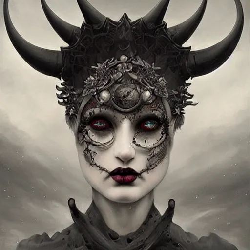 Image similar to By Tom Bagshaw, ultra realist soft painting portrait of curiosities carnival by night, very beautiful horned single zynoid gothic fully dressed fading, symmetry accurate features, very intricate details, ominous sky, black and white, volumetric light clouds