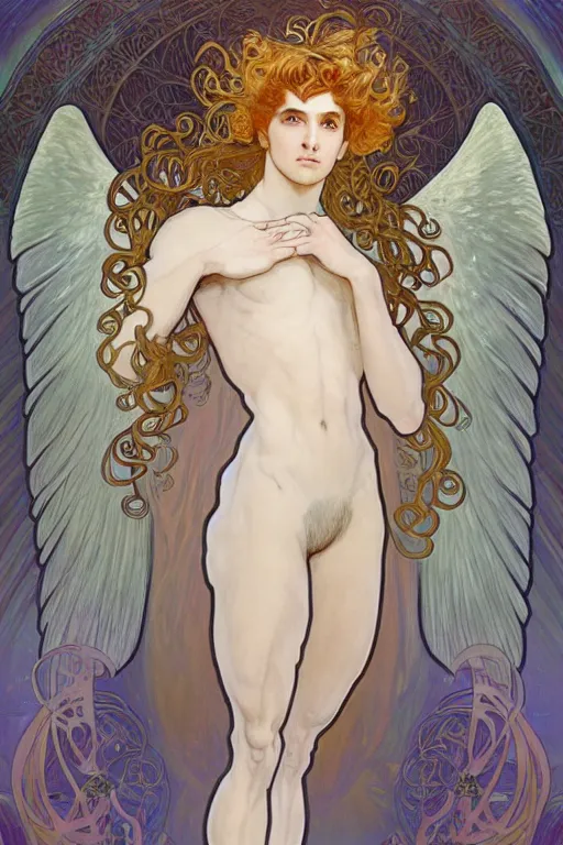 Image similar to full figure art nouveau portrait of a beautiful young fit male angel with curly blond hairs, dressed with fluent clothes, majestic wings, luminous halo, by alfons mucha, d & d character, gradient white to gold, in front of an iridescent background, highly detailed portrait, digital painting, artstation, concept art, smooth, sharp focus, illustration, artstation hq