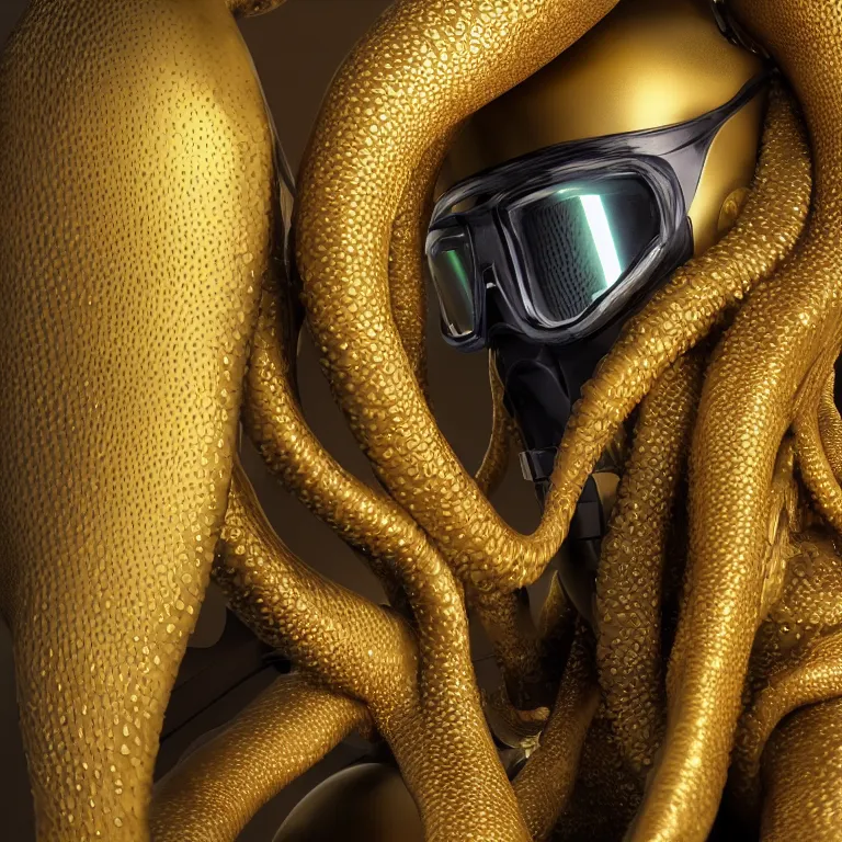 Prompt: octane render portrait by wayne barlow and carlo crivelli and glenn fabry, subject is a futuristic scuba diver wrapped up in and completely covered by giant long shiny reflective golden octopus tentacles, cinema 4 d, ray traced lighting, very short depth of field, bokeh