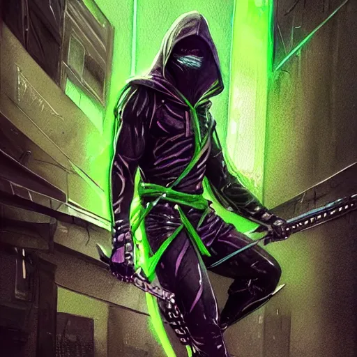 Prompt: realistic and professional watercolor artwork of a dark fantasy hooded ninja warrior with neon green lines, futuristic style outfit, super detailed, trending on artstation, concept art, portrait, dramatic light, painted by greg rutkowski