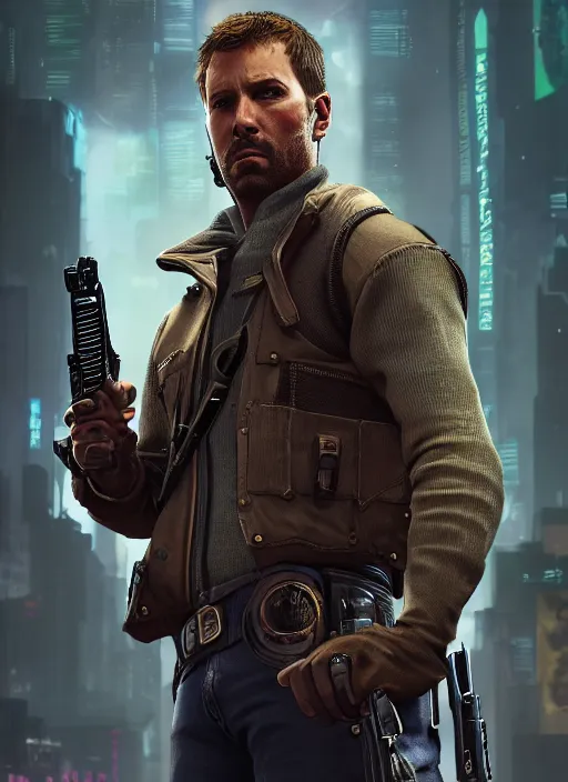 Image similar to arthur morgan. cyberpunk police trooper in a military vest ( blade runner 2 0 4 9, cyberpunk 2 0 7 7 ). orientalist portrait by john william waterhouse and james gurney and theodore ralli and nasreddine dinet, oil on canvas. cinematic, hyper realism, realistic proportions, dramatic lighting, high detail 4 k