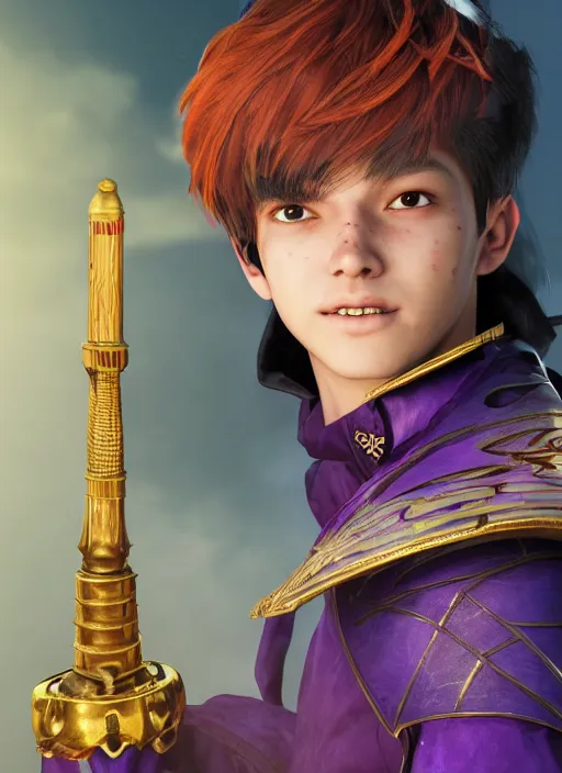 Image similar to An epic fantasy comic book style portrait painting of teenager boy with straight indigo hair, purple eyes with red eye markers, slim body, wearing a detailed Japanese kimono with golden armor details, holding a fan. Unreal 5, DAZ, hyperrealistic, octane render, cosplay, RPG portrait, dynamic lighting