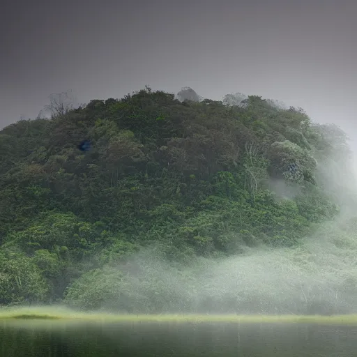 Image similar to hilly island in the middle of a misty fairy swamp, the island has legs