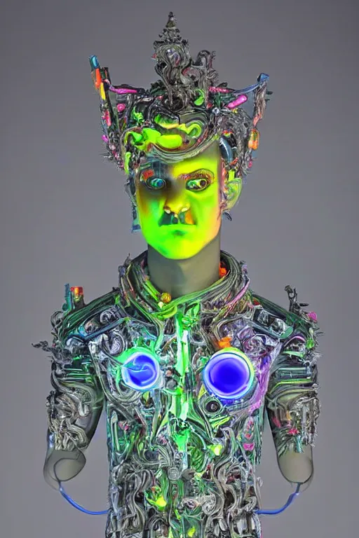 Image similar to full-body neon porcelain bladerunner style sculpture of a young handsome Colombian prince as a half android with a porcelain chest opening exposing circuitry and electric sparks, glowing laser beam eyes, crown of giant diamonds, flowing neon-colored silk, fabric, raptors. baroque elements. full-length view. baroque element. intricate artwork by caravaggio. Very very very very highly detailed epic photo of face. Trending on artstation, octane render, cinematic lighting from the right, hyper realism, octane render, 8k, depth of field, 3D