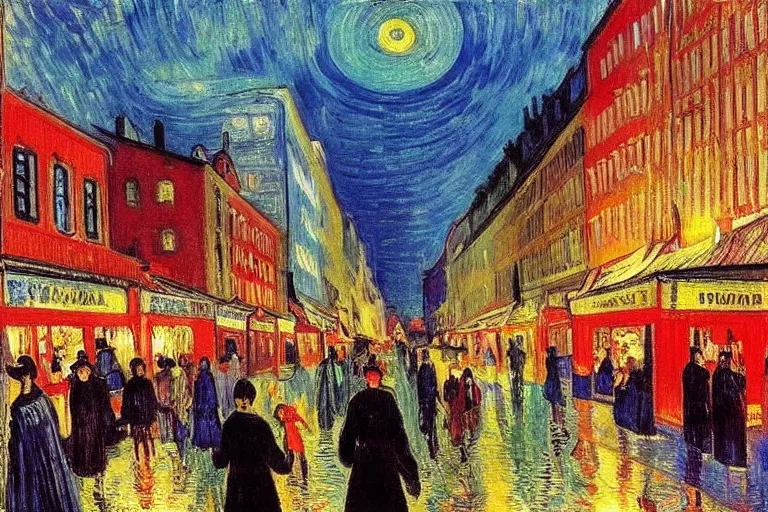 Image similar to dream festival in a city, low angle view from a city street lined with shops and apartments, glowing street signs, revelers playing games and shopping at a night market, oil painting by edvard munch, van gogh