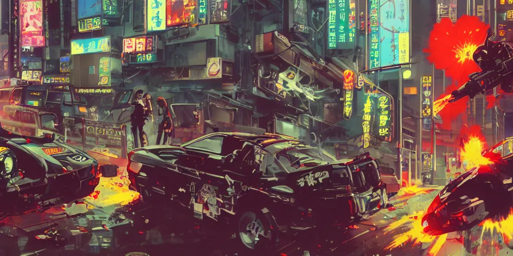 Prompt: 1991 Video Game Screenshot, Anime Neo-tokyo Cyborg bank robbers vs police shootout, bags of money, Police officer hit, Bullet Holes and Blood Splatter, Hostages, Smoke Grenade, Cyberpunk, Anime VFX, Violent, Action, Fire fight, FLCL, Free-fire, Highly Detailed, 8k :4 by Katsuhiro Otomo + Studio Gainax + Arc System Works : 8