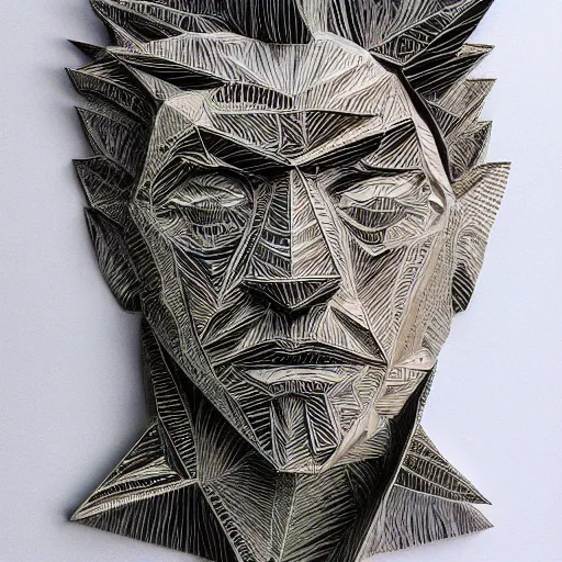 Prompt: a cut paper sculpture that looks like william shatter as captain kirk