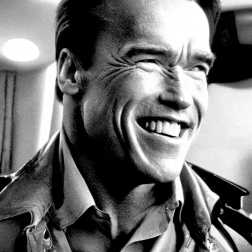 Image similar to arnold schwarzenegger in true lies smiling at the camera, blooper, out take, funny