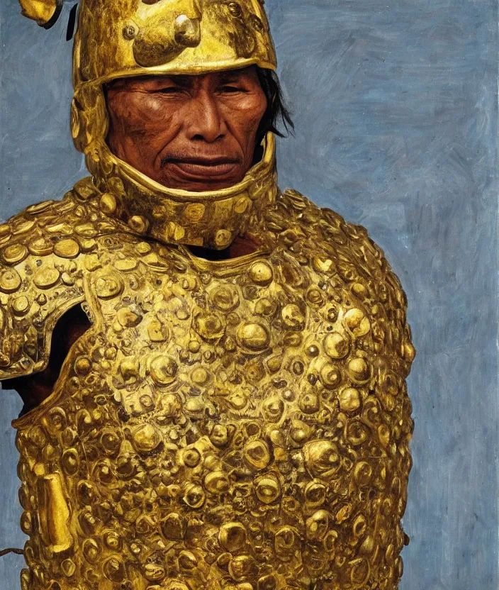 Prompt: indigenous man with a golden armour, painted by lucian freud, hd, super detailed, realistic, muted colors