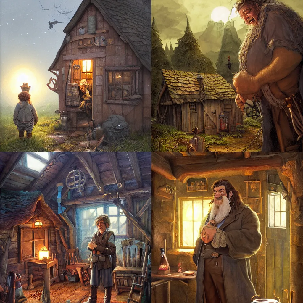 Prompt: Samuel Vimes sits in Hagrid Hut at twilight, detailed, hyperrealistic, colorful, cinematic lighting, digital art by Paul Kidby, Kate Oleska and Jim Kay