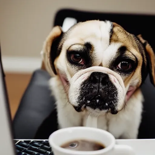 Prompt: a very frustrated and grumpy dog trying to figure our how to make a phone call to tec - support and he spilled his coffee on the keyboard