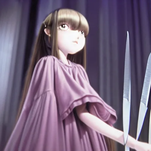 Image similar to IMAX film still of a portrait of a morbid 18 year old young woman wearing a dress of the soft aesthetic with wavy long hair, queen of sharp razorblades holds a single small sharp blade or a razor her hand and shows it to the user, by Range Murata, Katsuhiro Otomo, Yoshitaka Amano.