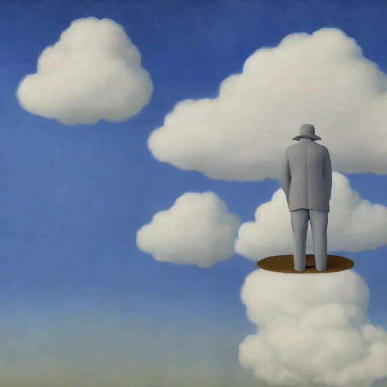 Image similar to cloud - man, by rene magritte, centered, detailed painting, hd, hq, high resolution, high detail, 4 k, 8 k