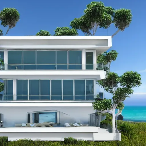 Prompt: An ocean view contry house with large glass windows, realistic photo, well detailed, 8k