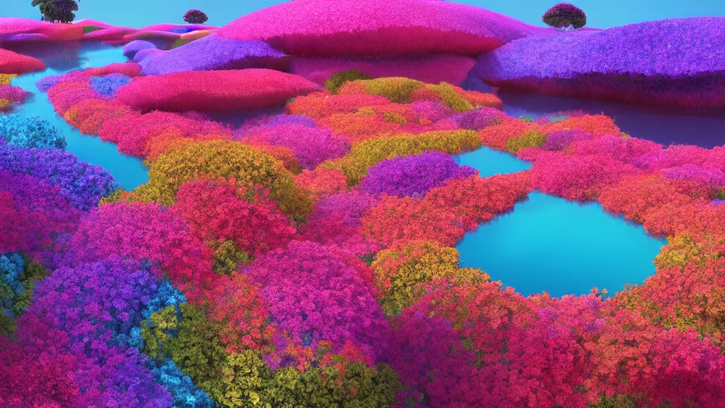 Image similar to digital illustration of a lake full of multi - colored megaflora petunia flowers by dr. seuss, reimagined by ilm and beeple : 1 | spectral color, electric color, rolling hills : 0. 9 | fantasy : 0. 9 | unreal engine, deviantart, artstation, hd, 8 k resolution : 0. 8