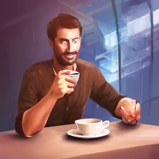 Image similar to startup CEO having a cup of tea. Handsome!!!!!!! sci-fi concept art photorealistic!!!!!