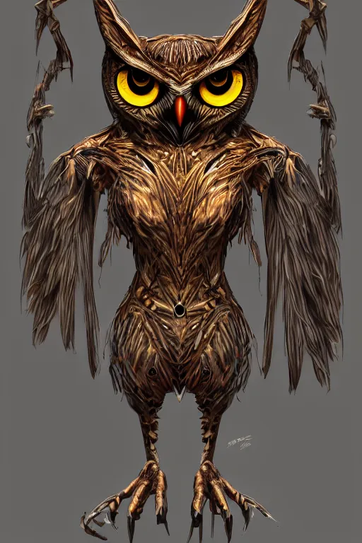 Prompt: humanoid figure owl monster, symmetrical, highly detailed, digital art, sharp focus, amber eyes, trending on art station