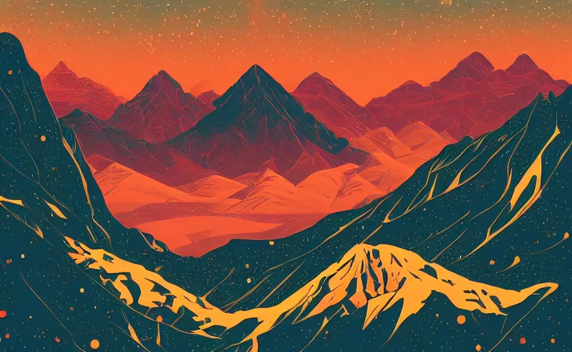 Image similar to mountains, stars and paisley filled sky, artstation, intricate, highly detailed, digital painting, concept art, sharp focus, illustration by tom whalen and charles williams and kilian eng