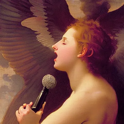 Image similar to a heavenly oil painting of an angel singing holding a microphone on one hand, by Bouguereau, highly detailed and intricate,