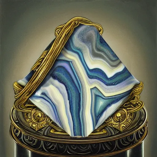 Image similar to in the center lays an ancient chromed artifact in the shape of a heavy signet ring, ornate with gentle shine from within. the ring lays on top of a marbled pedestal. the pedestal is in front of a dark misty balcony at night perspective from the side. realistic light and shadows. moody fantasy art, table still life renaissance pastel painting.