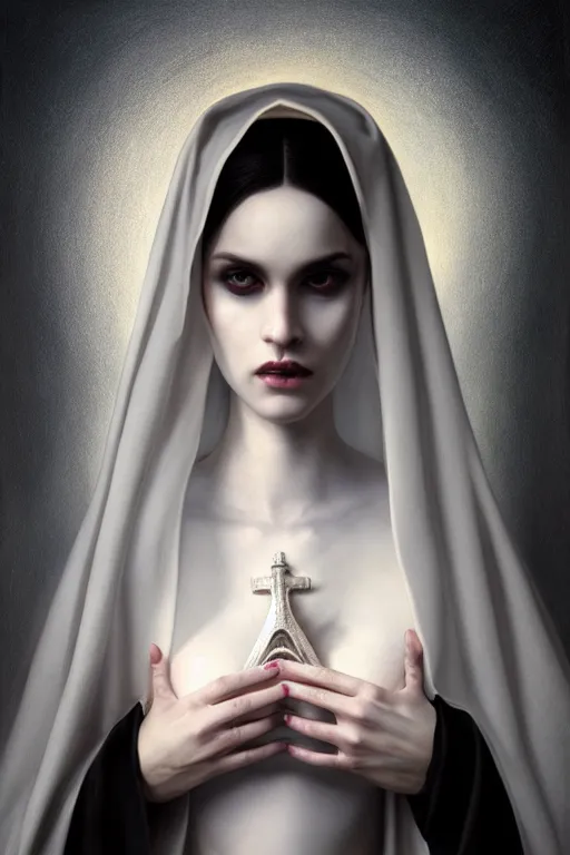 Prompt: Ultra realistic and ultra intricate detailed soft painting of a beautiful slim curvy female demonic nun in revealing religious dress, thin lustrous hair, symmetry features, sensual gloomy style, soft painting, volumetric clouds, fantasy background, artstation, Tom Bagshaw artstyle, unreal render, depth of field