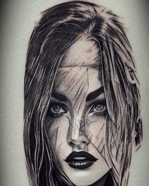 Prompt: amazing double exposure effect tattoo design sketch of megan fox and beautiful mountains, realism tattoo, in the style of matteo pasqualin, amazing detail, sharp