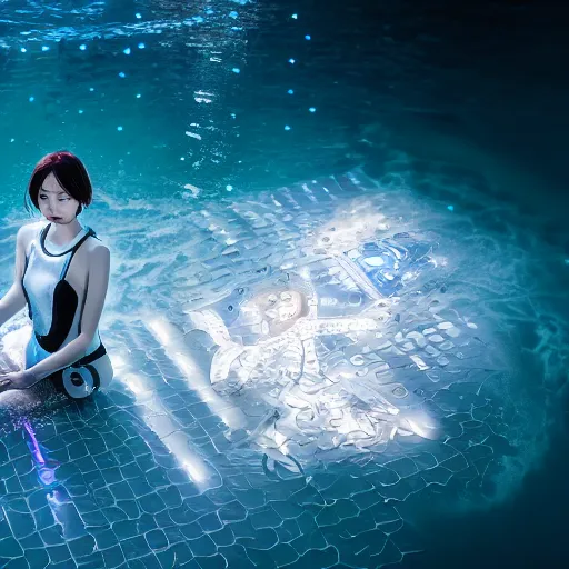 Prompt: beautiful centered fine art photo portrait of hoyeon jung as a solarpunk robotic humanoid treading on water, white mechanical parts with led lights, ultra - detailed and intricate, white background, sun lighting, soft focus, slow exposure hdr 8 k