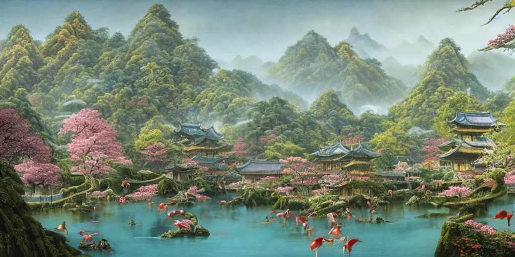 Prompt: it is a paradise with ancient chinese characteristics. it has a high degree of fantasy. cherry blossom forest, there are pavilions in the air, koi jumping in the air, and fairy birds and animals such as cranes and deer coexist with people. it is the life scene of the ancient people, a detailed matte painting by christophe vacher and albert bierstadt