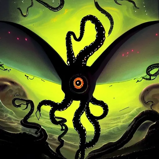 Image similar to lovecraft, migo, fungoid, wings, crablike, glowing head, flying, night sky, eldritch, realistic