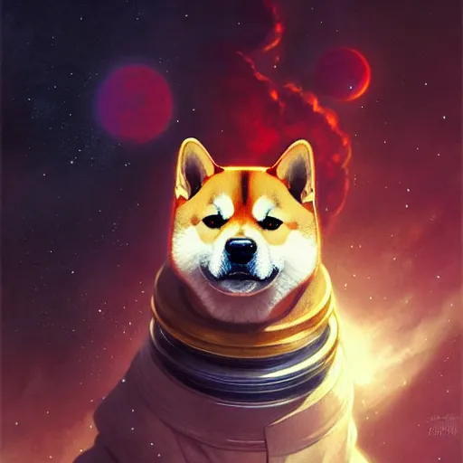 Prompt: Portrait of shiba inu in space, D&D, red eyes, face, dark fantasy, intricate, elegant, highly detailed, digital painting, artstation, concept art, smooth, sharp focus, illustration, art by artgerm and greg rutkowski and alphonse mucha