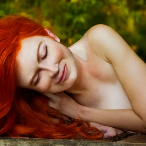 Prompt: redhead queen dreaming of her man, photograph,