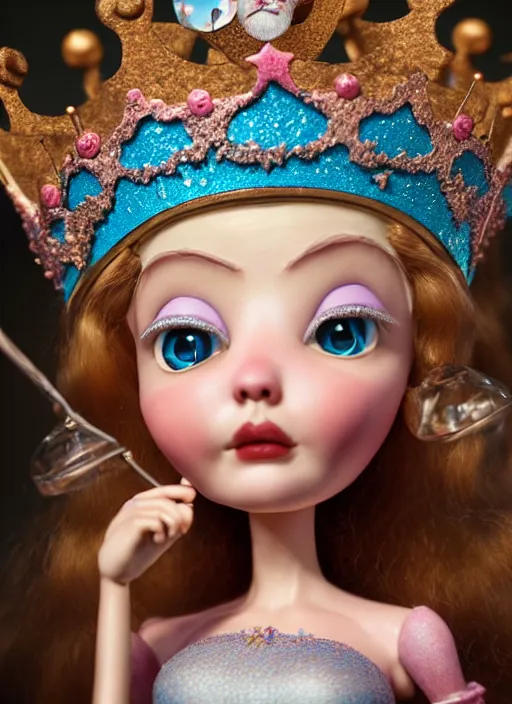 Image similar to highly detailed closeup, face profile portrait of a tin toy fairytale princess wearing a crown eating cakes, bikini, unreal engine, by nicoletta ceccoli, mark ryden, lostfish, dan decarlo, bob clampett, max fleischer, global illumination, detailed and intricate environment