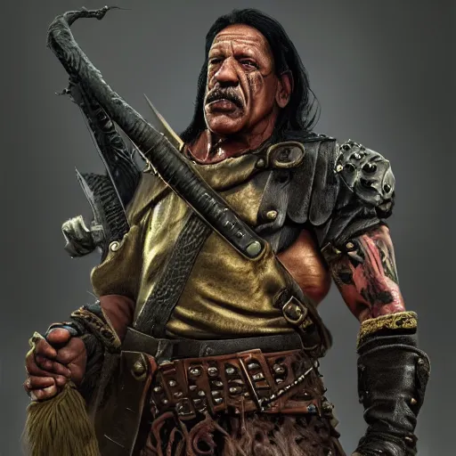 Prompt: Danny Trejo in Warhammer Vermintide 2, 3D render, digital art, realistic character concept, warhammer fantasy, dark and gritty atmosphere, golden ratio, cinematic lighting, hyperdetailed, high resolution, insanely detailed and intricate, trending on artstation and unreal engine