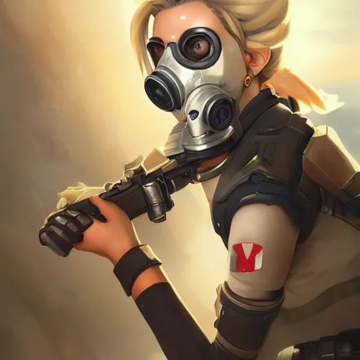 Image similar to mercy overwatch wearing a gas mask, 8 k resolution, highly detailed, intricate, very beautiful face, very detailed eyes, by greg rutkowski, wlop