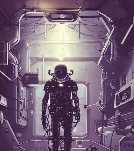 Prompt: a cybernetic realistic octopus in a space station, techwear, Industrial Scifi, detailed illustration, character portrait, by Ashley Wood and Moebius