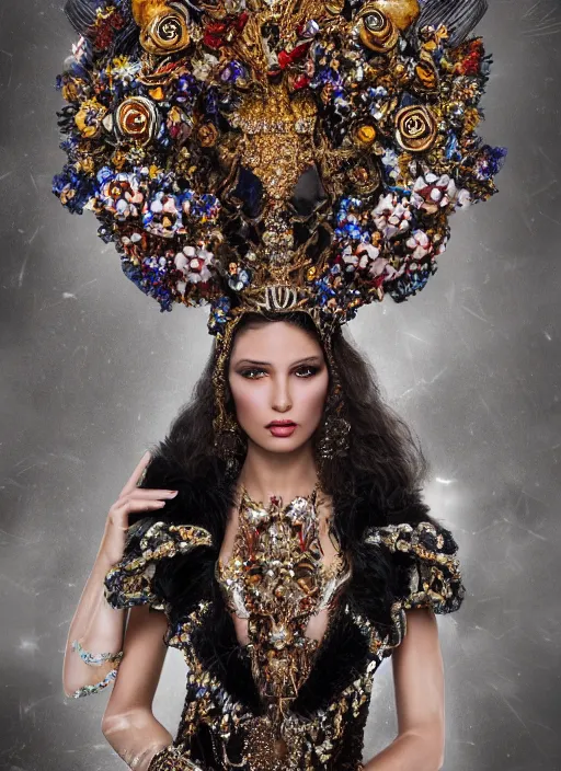 Image similar to expressive full body photo of a miss universe, ornate headpiece made from flowers, ornaments, glamour shot, by karol bak, by stefan gesell, photorealistic, canon r 3, fashion photography, hyper maximalist, elegant, ornate, luxury, elite, environmental portrait, symmetrical features, octane render, unreal engine, solid dark grey background, dramatic lights