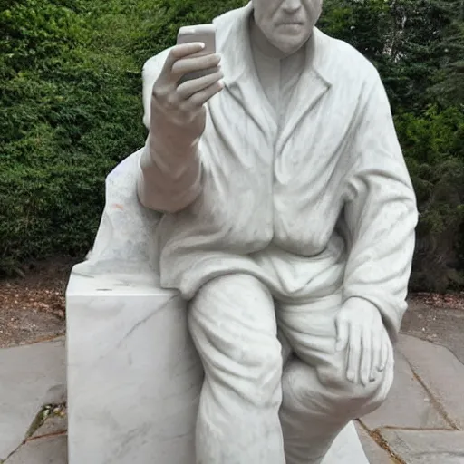 Image similar to marble sculpture of a man holding a phone to take a selfie