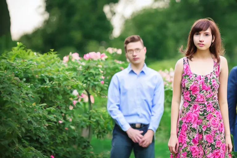 Image similar to young beautiful female president alone in the rose garden with her two boyfriends, professional photo, dslr, bokeh, romantic